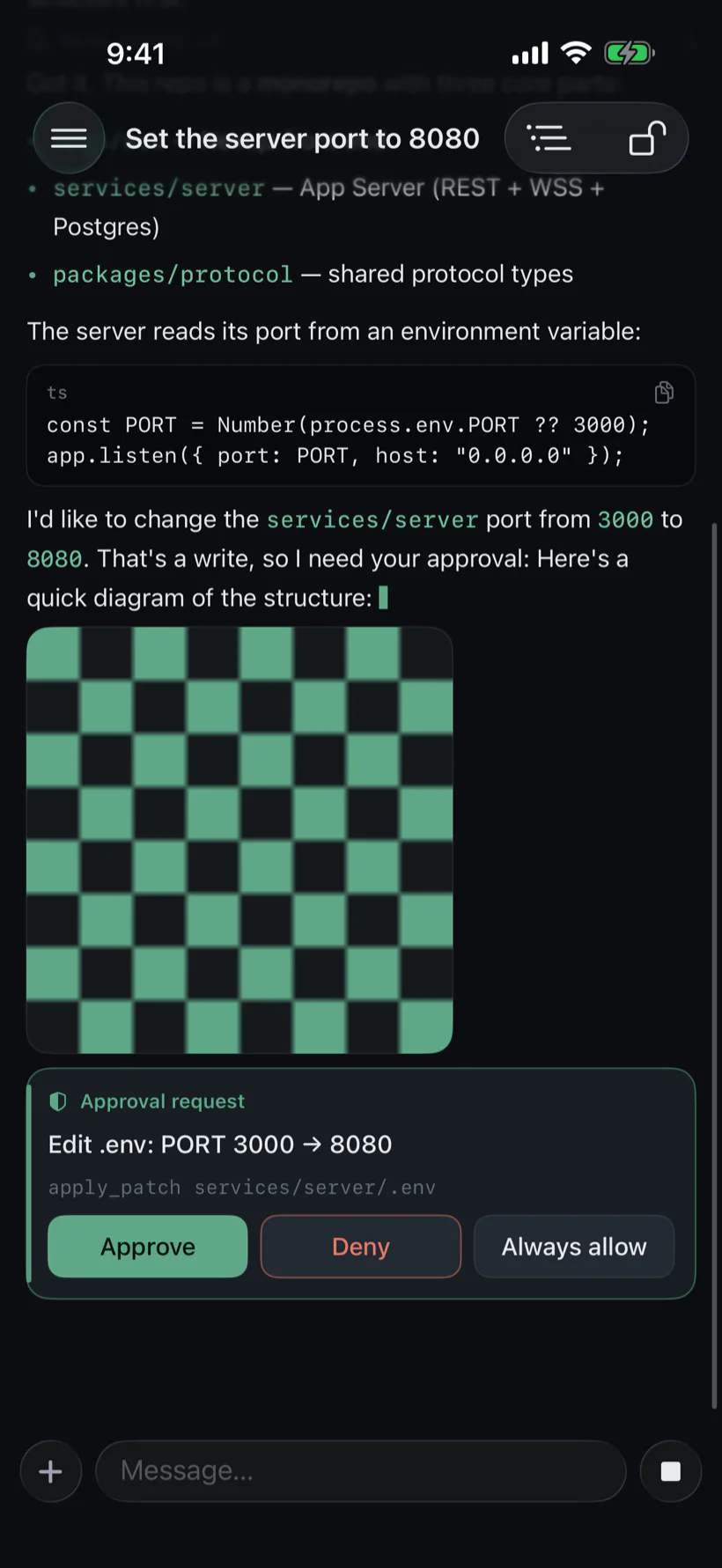 A Macchiato conversation: an agent proposes a code change, shows a diff, and asks for approval with Approve, Deny, and Always allow buttons.